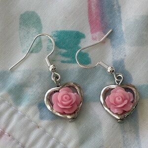 Pink Rose Heart Earrings